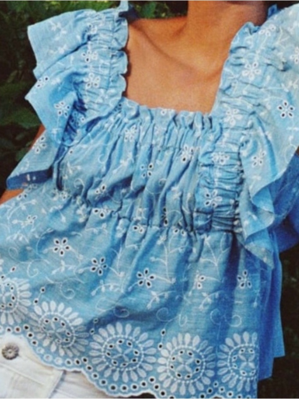 Goodnight Macaroon Light Blue Embroidered Ruffle Top